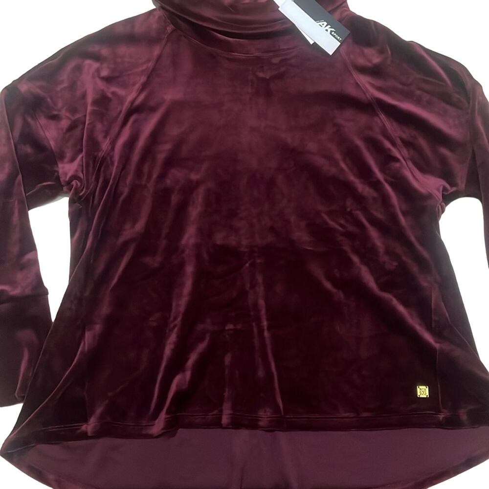 Anne Klein Velour Shirt Cowl Turtleneck Burgundy Wine Womens Medium Hi Low Waist